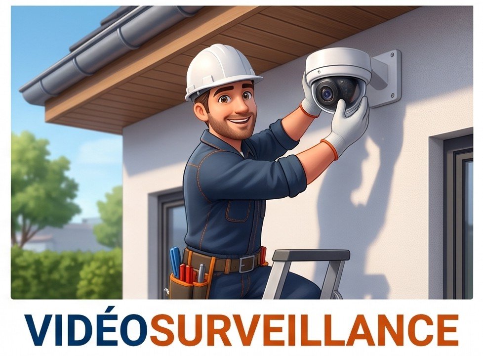 Technicien électricien installant une caméra