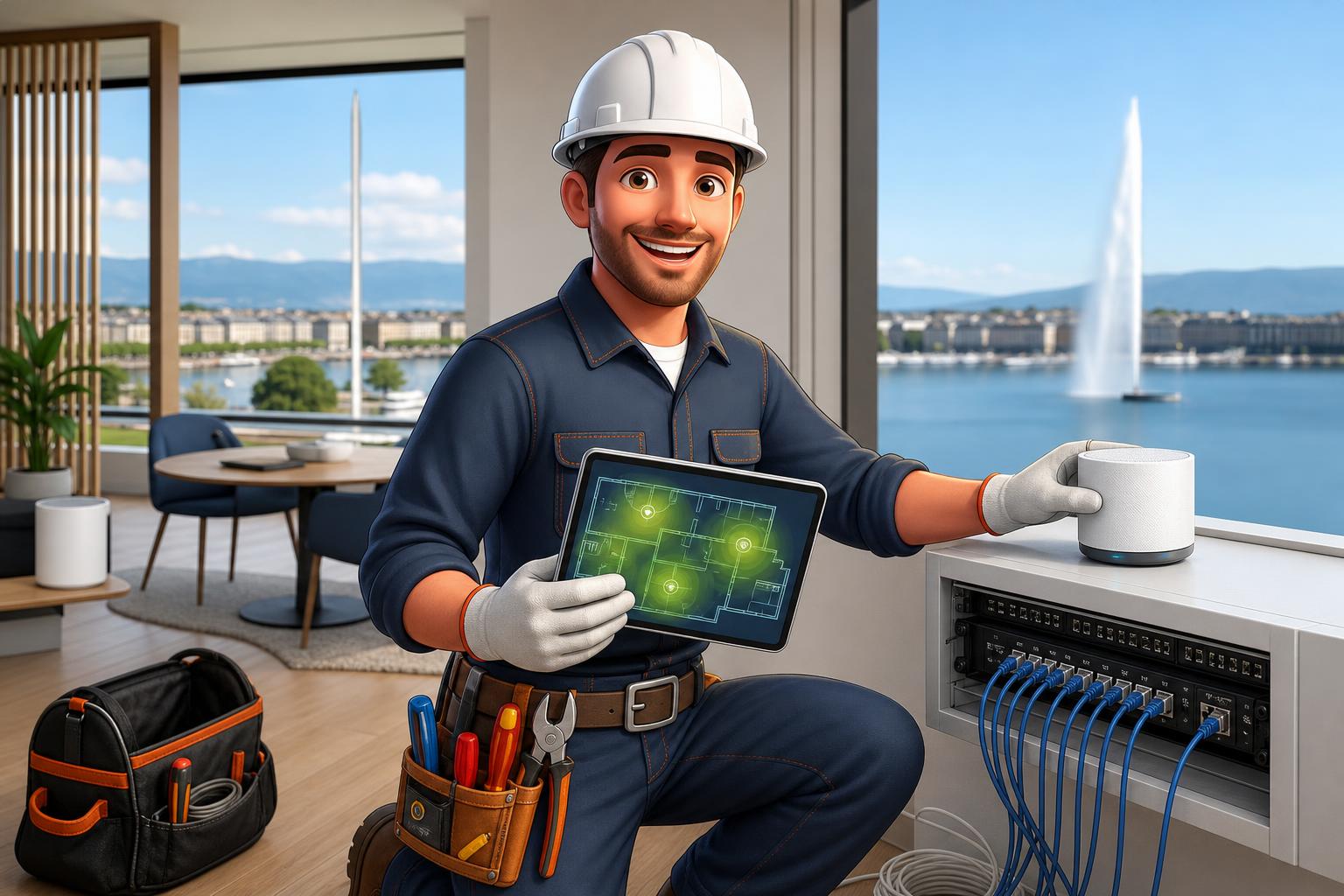 Technicien mascotte Laydevant mesure le Wi-Fi à Genève, place un nœud mesh et teste un RJ45 près d'un coffret.